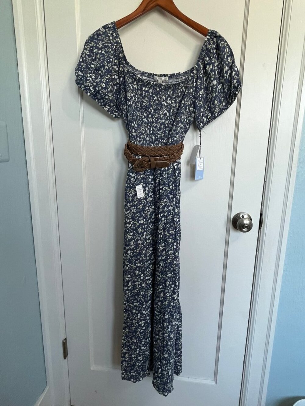 Wallflower Lily Smocked Belted Maxi Dress NWT Navy Ditsy Floral M
